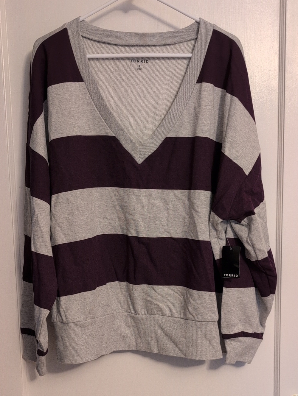 torrid Gray and Plum Bold-Stripe V-Neck Sweater